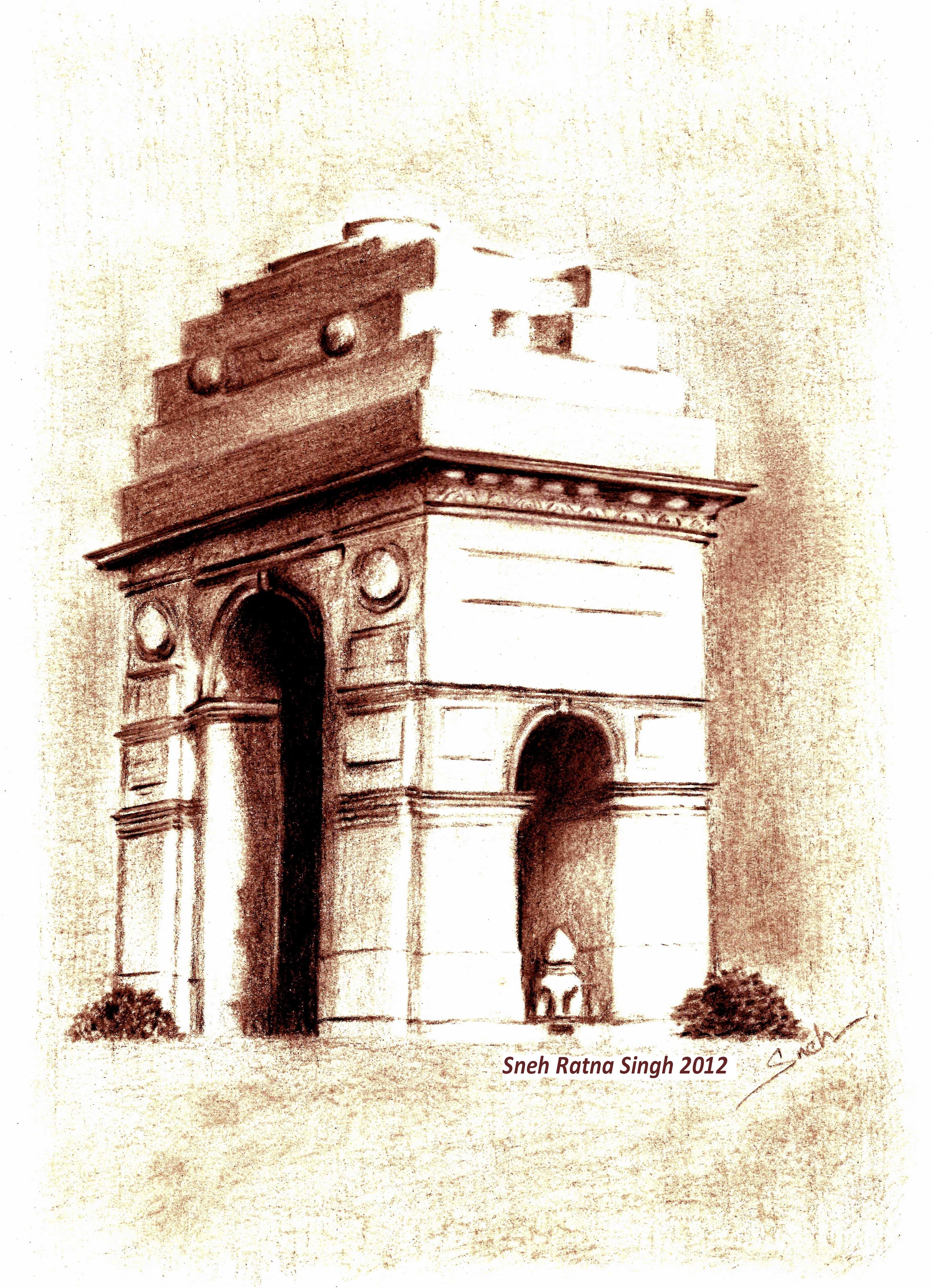 drawing on the world India Gate a closer view